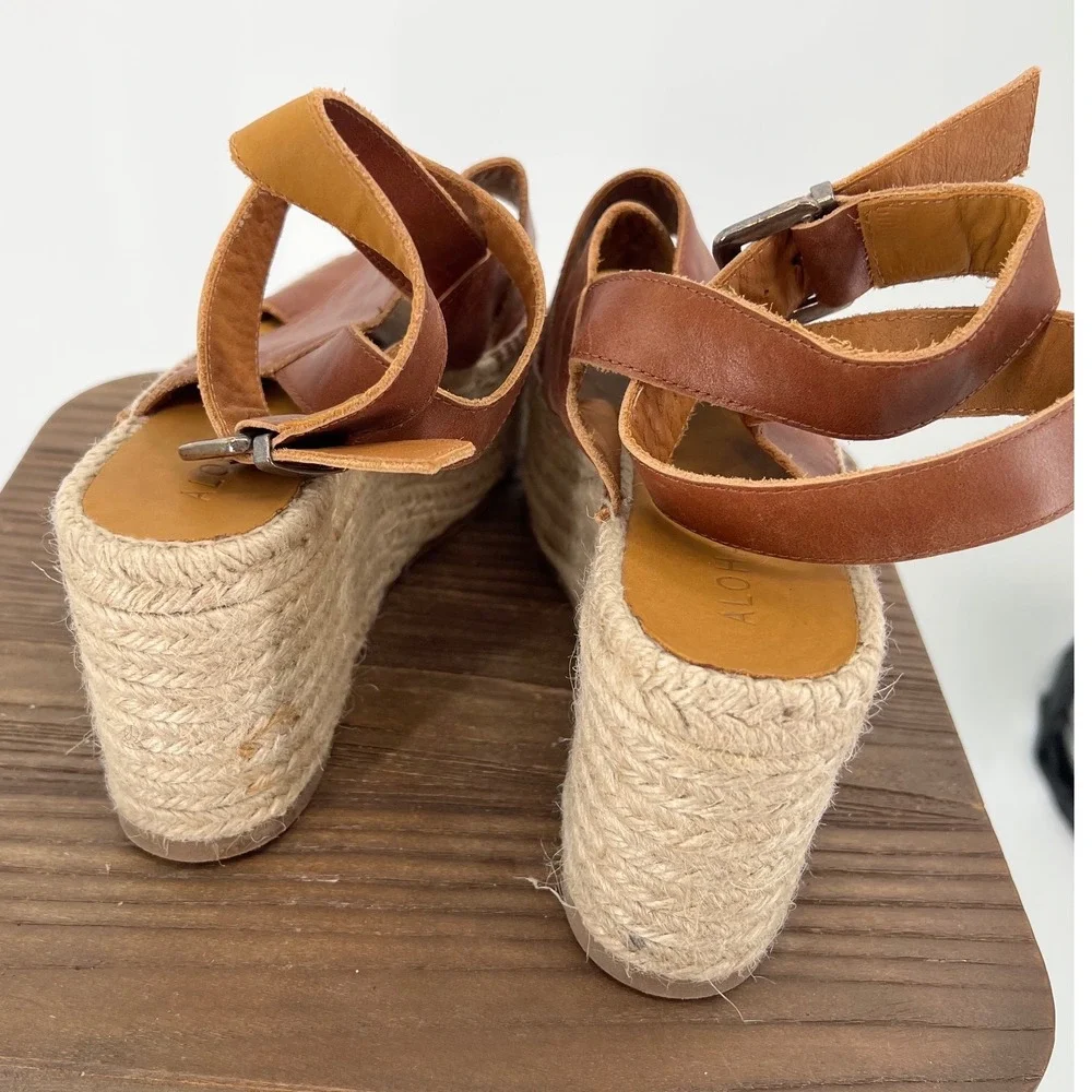 Alohas Vegas Camel Leather Platform Espadrille Sandals Brown Wedge Spain US 10